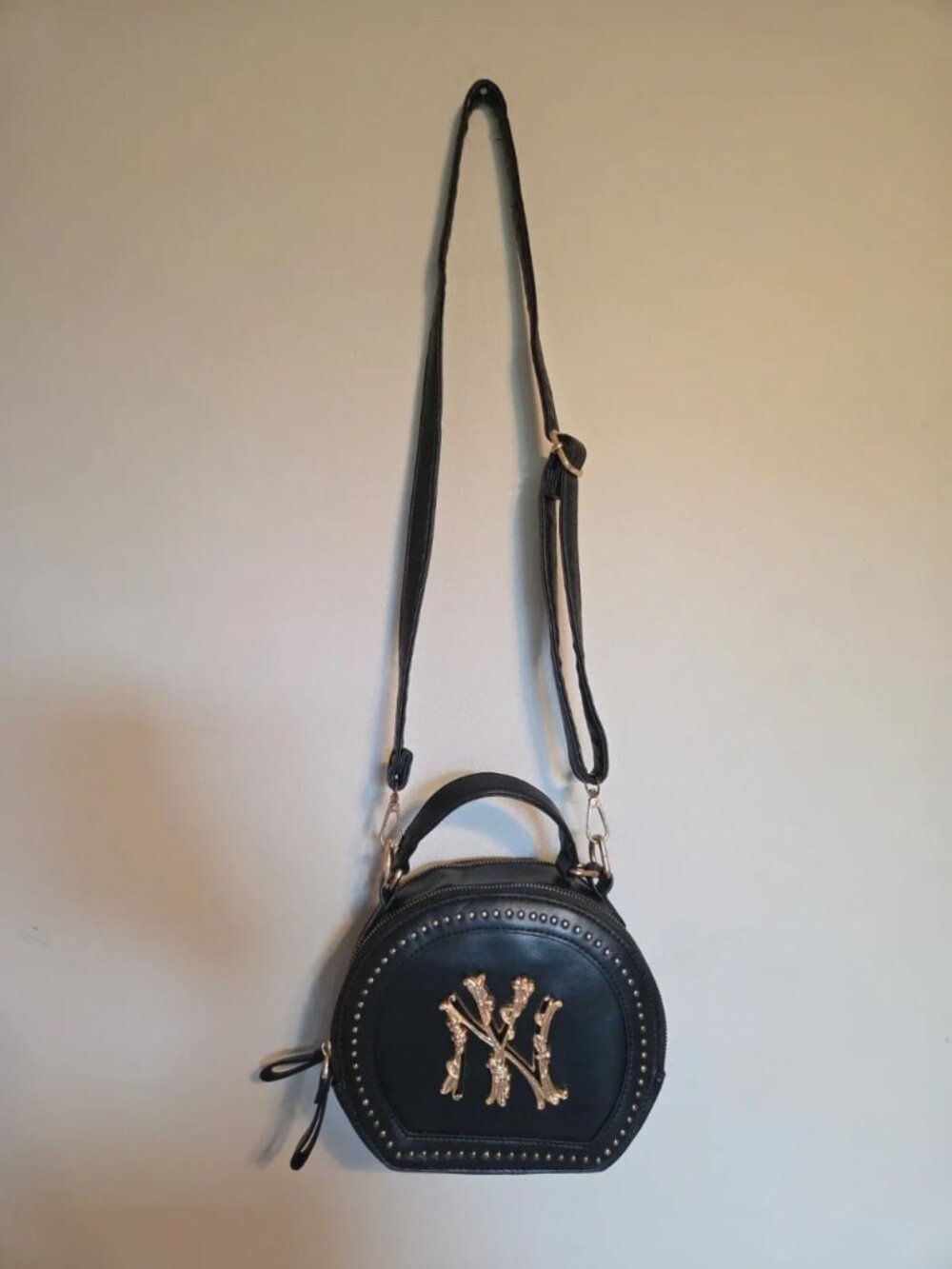 Women's Black Faux Leather Round Crossbody Bag with Gold Studs